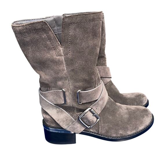 Vince Camuto Suede Moto Biker Boots Women’s 6M Gray Buckle Strap Block Heel - Picture 2 of 10